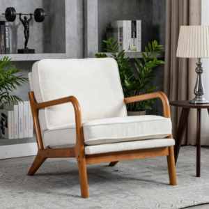 Light Brown PU Leather Mid-Century Barrel Chair, Wooden Frame with Soft Thick Padding for Living Room, Bedroom, Home Office
